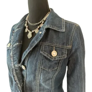 DRESSBARN ~ Women’s 3/4 sleeve jeweled buttons w/pockets blue jean jacket size S