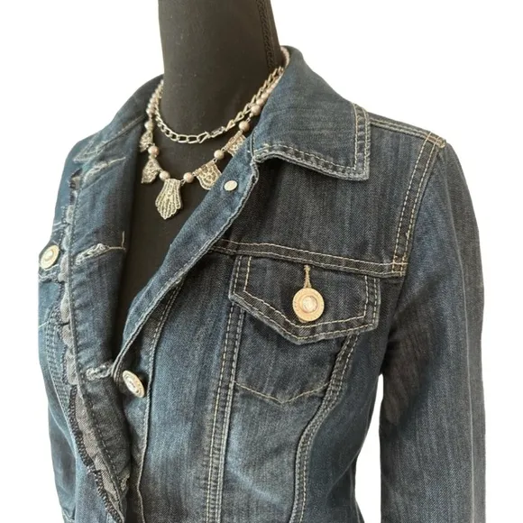 DRESSBARN ~ Women’s 3/4 sleeve jeweled buttons w/pockets blue jean jacket size S