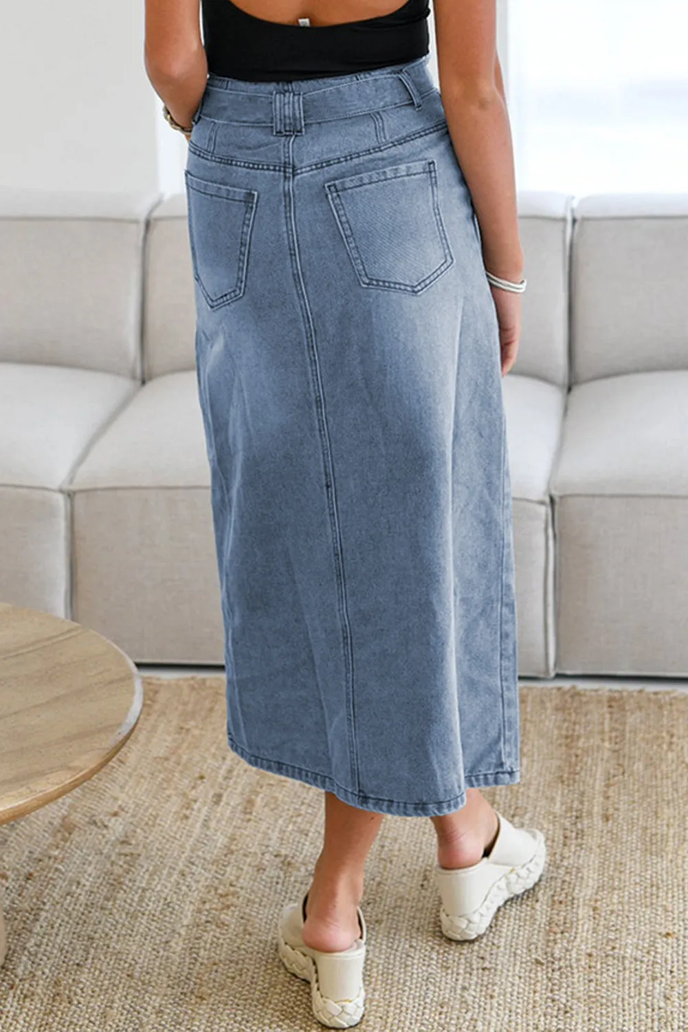 Dusk Blue Light Wash Belted High Waist Midi Denim Skirt