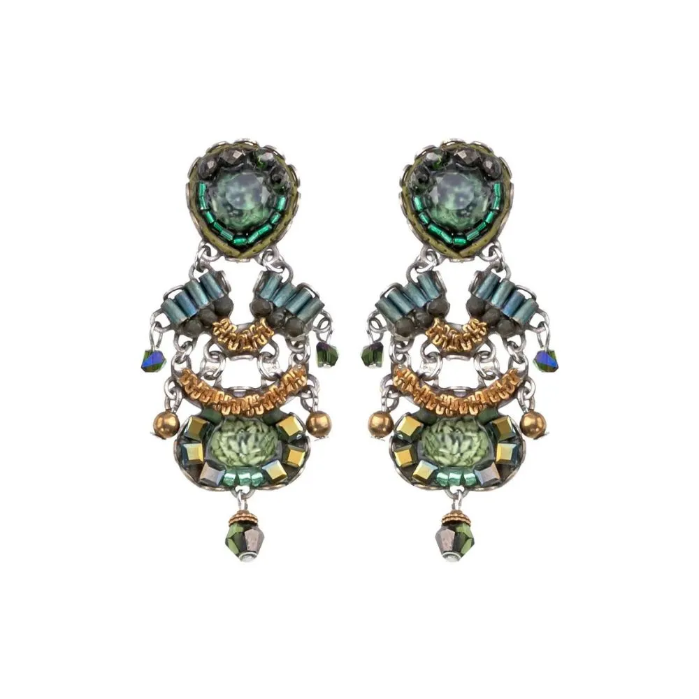 Earrings, Jade, Green, and Gold Beaded Design, Post