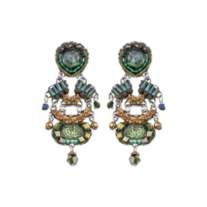 Earrings, Jade, Green, and Gold Beaded Design, Post