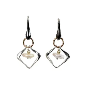 Earrings, Open Diamond Shape with Freshwater Pearl, Sterling Silver and Gold Filled