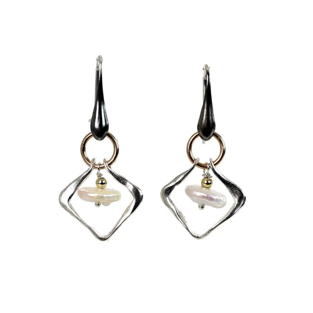 Earrings, Open Diamond Shape with Freshwater Pearl, Sterling Silver and Gold Filled