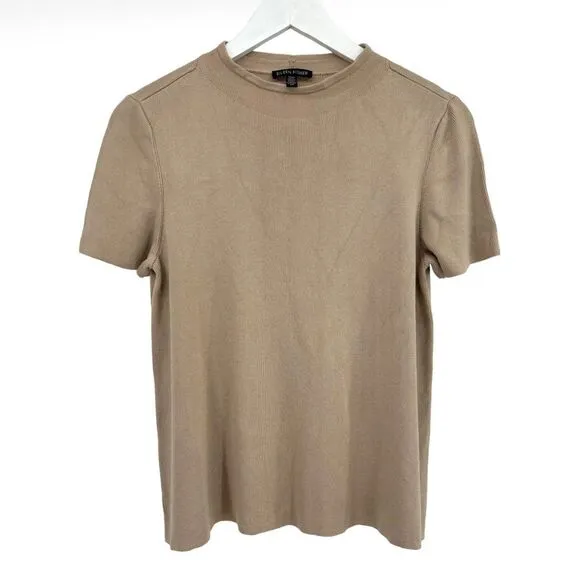 Eileen Fisher Beige Short‎ Sleeve Tencel Lyocell Pullover Knit Top Women's Small