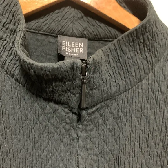 Eileen Fisher Crinkle Cotton Zip Front Jacket Black Stand Up Collar Pockets 1X