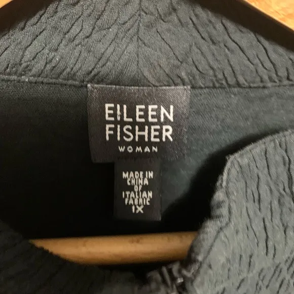 Eileen Fisher Crinkle Cotton Zip Front Jacket Black Stand Up Collar Pockets 1X