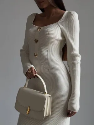 Elegant Cream Ribbed Knit Midi Dress