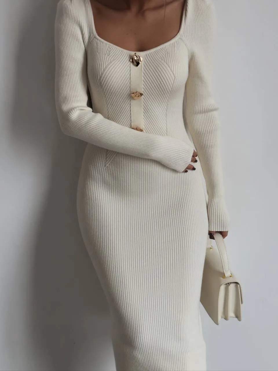 Elegant Cream Ribbed Knit Midi Dress