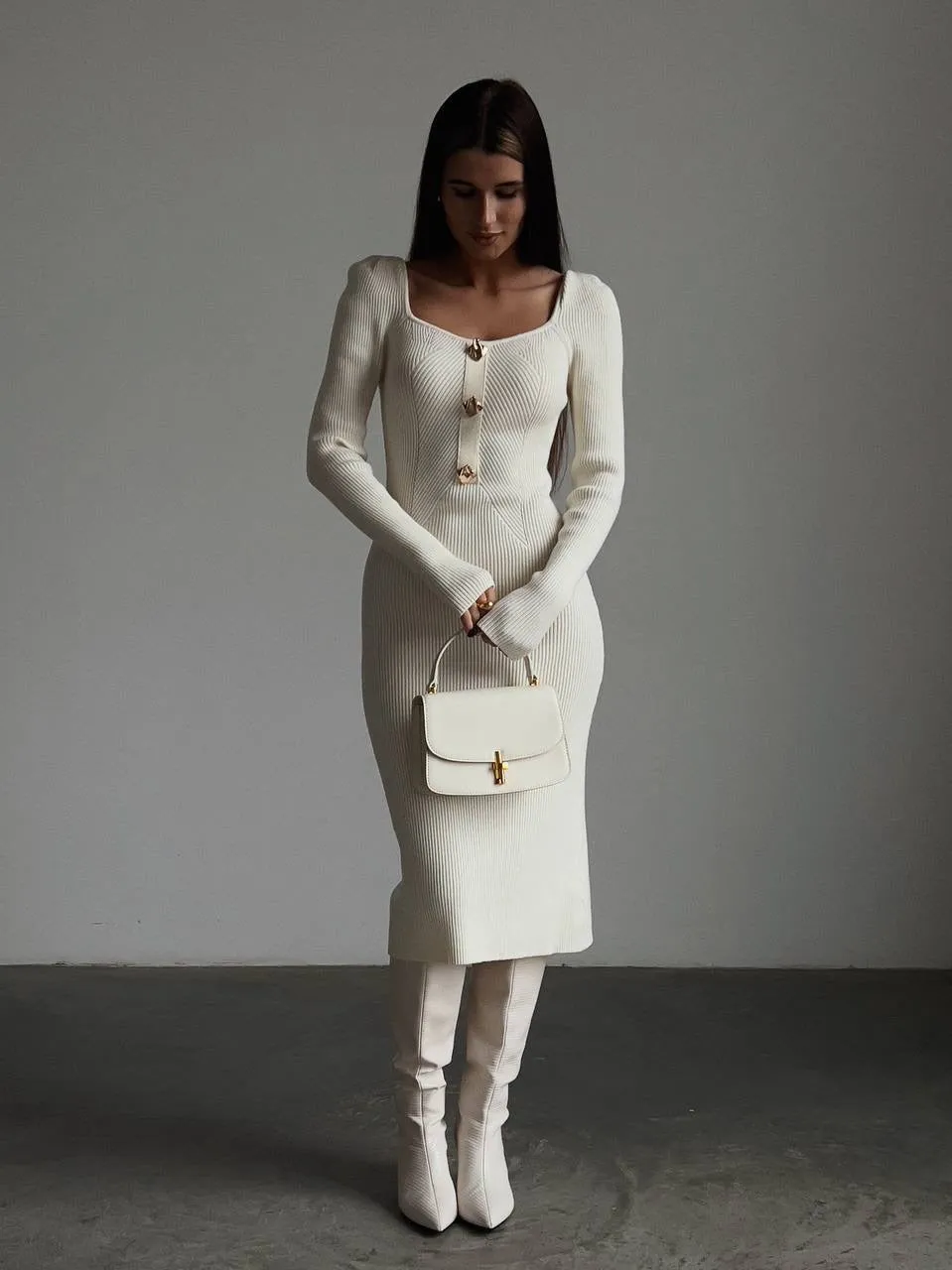 Elegant Cream Ribbed Knit Midi Dress