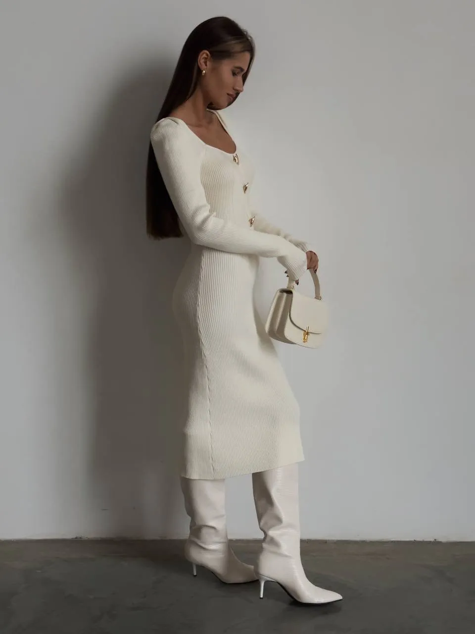 Elegant Cream Ribbed Knit Midi Dress