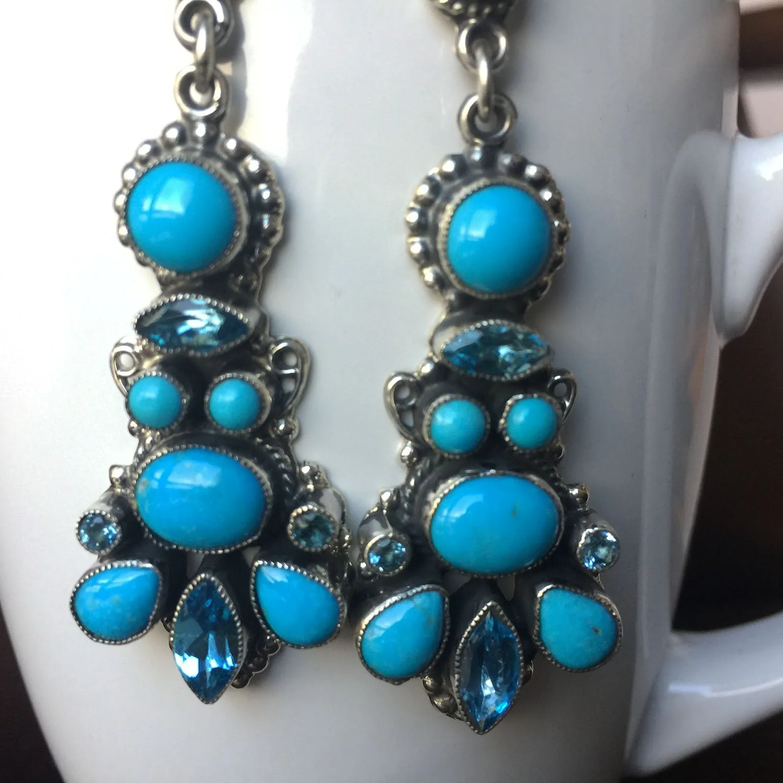 Elegant Gala Earrings Blue Topaz and Sleeping Beauty Handmade By Leo Feeney