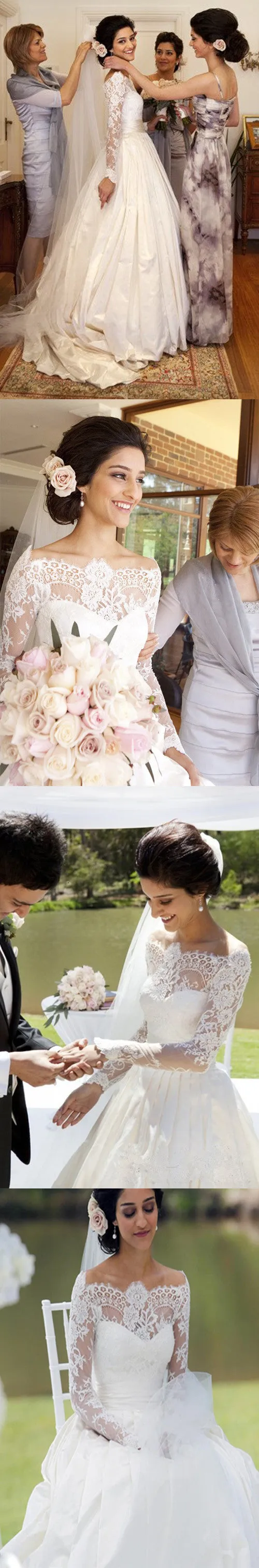 Elegant Long A-line Train Sweetheart Off Shoulder Long Sleeve Lace Satin Wedding Dress, AB1093