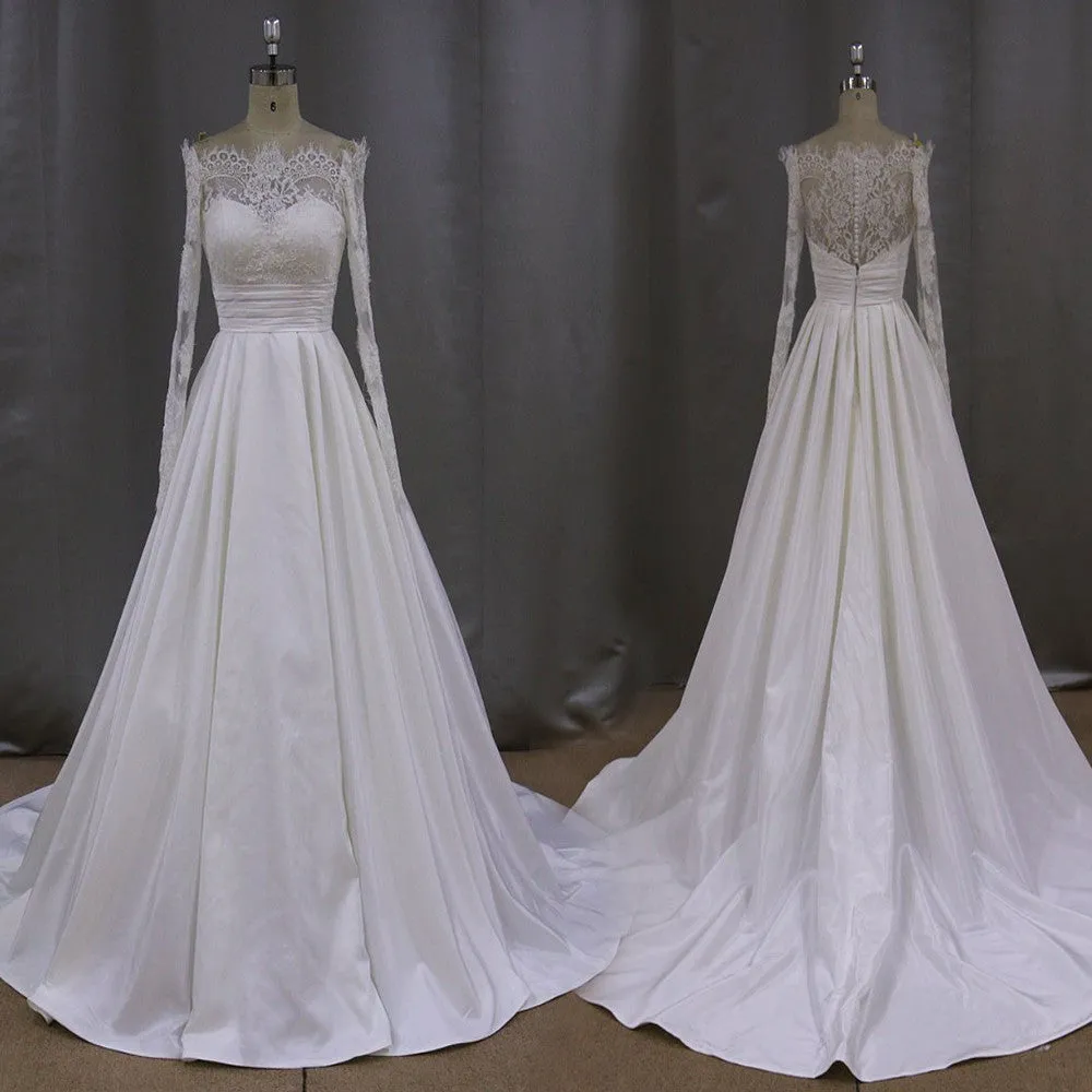 Elegant Long A-line Train Sweetheart Off Shoulder Long Sleeve Lace Satin Wedding Dress, AB1093