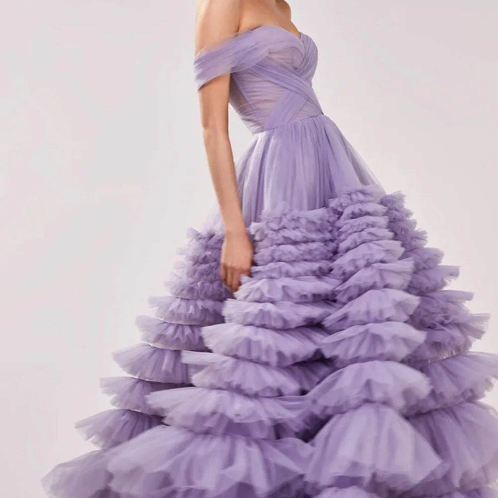 Elegant Off Shoulder Ball Gown Lilac Evening Dresses