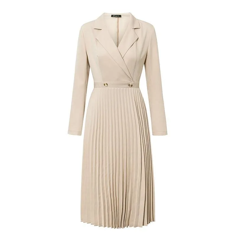Elegant pleated women office dress Solid breasted ladies blazer dress Autumn winter long sleeve chic female party dress