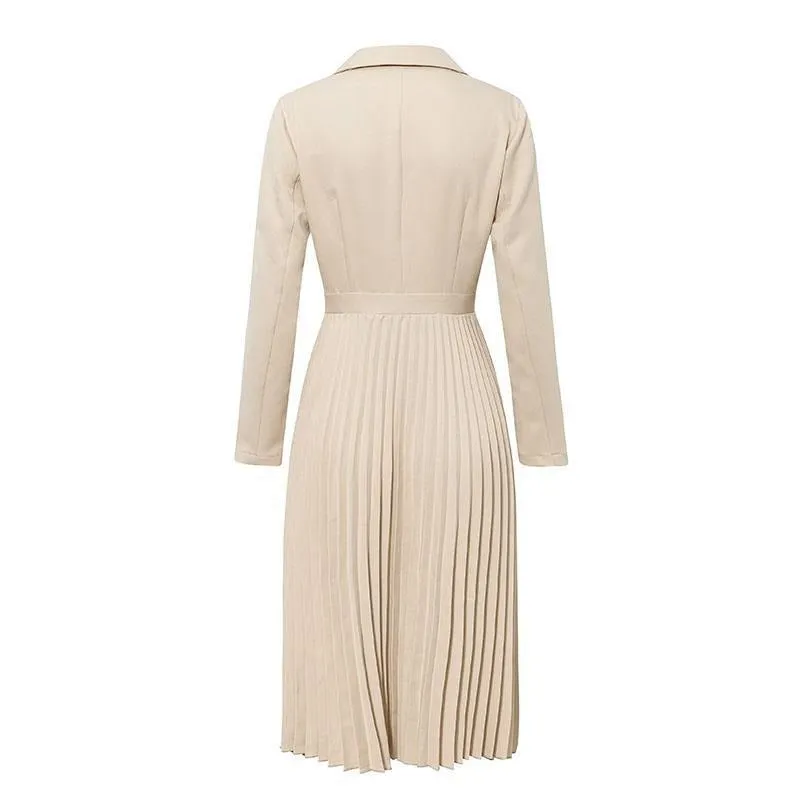 Elegant pleated women office dress Solid breasted ladies blazer dress Autumn winter long sleeve chic female party dress