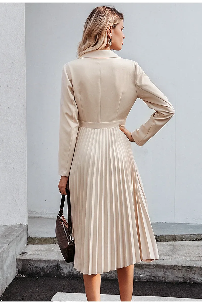 Elegant pleated women office dress Solid breasted ladies blazer dress Autumn winter long sleeve chic female party dress