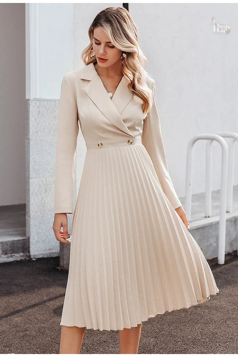 Elegant pleated women office dress Solid breasted ladies blazer dress Autumn winter long sleeve chic female party dress