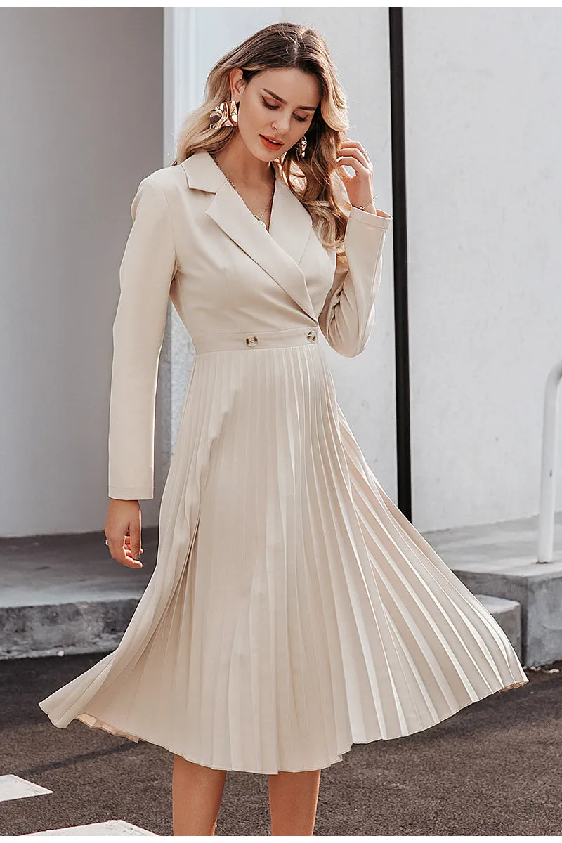 Elegant pleated women office dress Solid breasted ladies blazer dress Autumn winter long sleeve chic female party dress