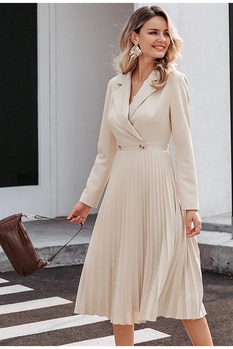 Elegant pleated women office dress Solid breasted ladies blazer dress Autumn winter long sleeve chic female party dress