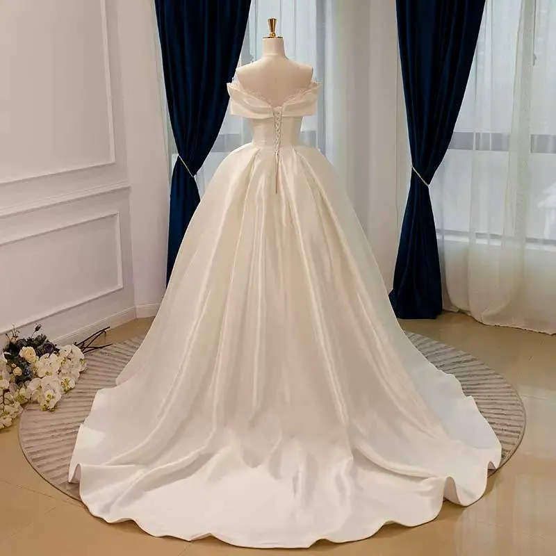 Elegant Satin Ball Gown Wedding Dress with Off the Shoulder Neckline AL3022