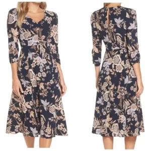 ELIZA J NAVY BLUE FLORAL PRINT 3/4 SLEEVE CREPE FIT &amp; FLARE MIDI DRESS Size 6