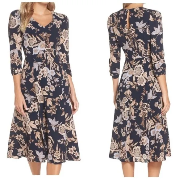 ELIZA J NAVY BLUE FLORAL PRINT 3/4 SLEEVE CREPE FIT &amp; FLARE MIDI DRESS Size 6
