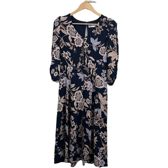 ELIZA J NAVY BLUE FLORAL PRINT 3/4 SLEEVE CREPE FIT &amp; FLARE MIDI DRESS Size 6