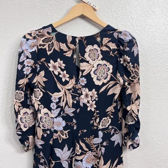 ELIZA J NAVY BLUE FLORAL PRINT 3/4 SLEEVE CREPE FIT &amp; FLARE MIDI DRESS Size 6