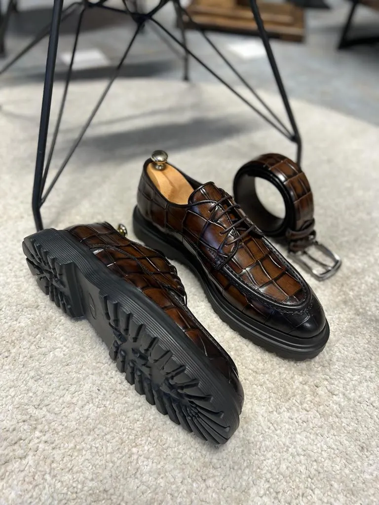 Empire Brown Crocodile Pattern Derby Shoes for Distinguished Men