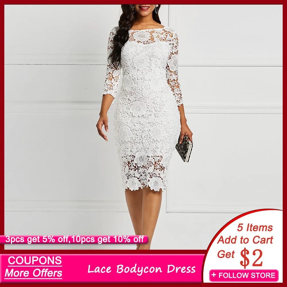 Evening Party Date Women White See Through Hollow Out Floral Lace Bodycon Dress Office Lady Spring Summer Work Basic Dresses