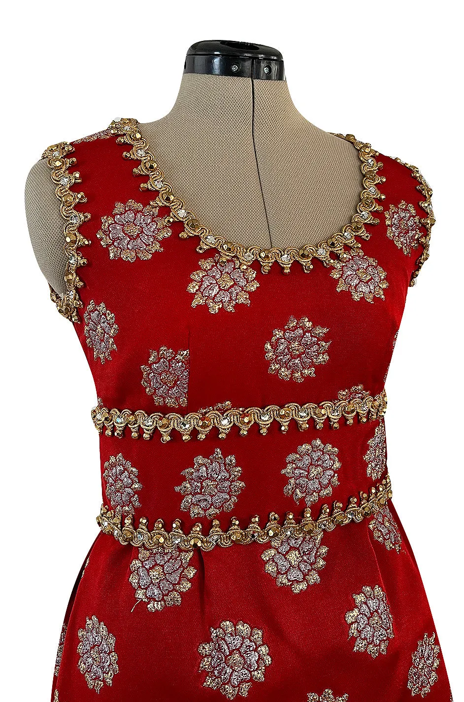 Exceptional Late 1960s Oscar de la Renta Red Silk Dress w Gold & Silver Detailing
