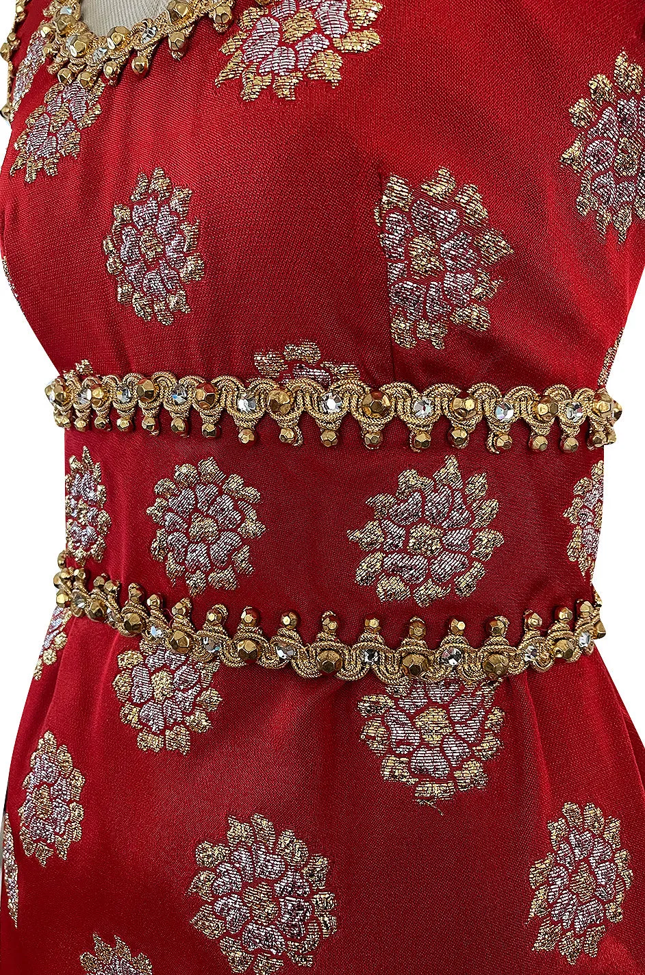 Exceptional Late 1960s Oscar de la Renta Red Silk Dress w Gold & Silver Detailing