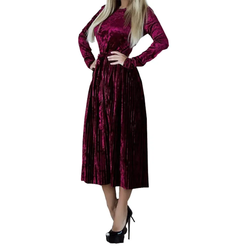 Fashion Pleated Velvet Dresses 2018 Elegant Women Party Dress Long Sleeve Winter Autumn Velour Dress Solid Robe Mujer GV192