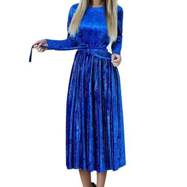 Fashion Pleated Velvet Dresses 2018 Elegant Women Party Dress Long Sleeve Winter Autumn Velour Dress Solid Robe Mujer GV192
