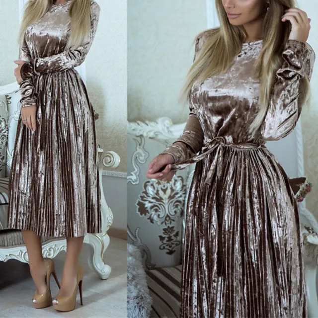 Fashion Pleated Velvet Dresses 2018 Elegant Women Party Dress Long Sleeve Winter Autumn Velour Dress Solid Robe Mujer GV192