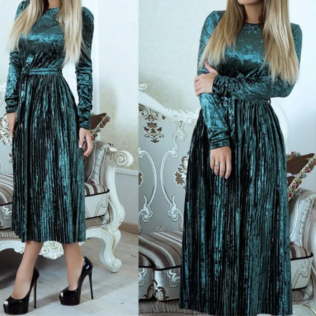 Fashion Pleated Velvet Dresses 2018 Elegant Women Party Dress Long Sleeve Winter Autumn Velour Dress Solid Robe Mujer GV192