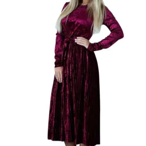 Fashion Pleated Velvet Dresses 2018 Elegant Women Party Dress Long Sleeve Winter Autumn Velour Dress Solid Robe Mujer GV192