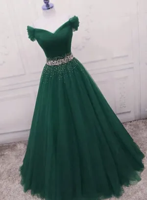 Fashionable Dark Green Long Beade Formal Dress, Green Prom Dress