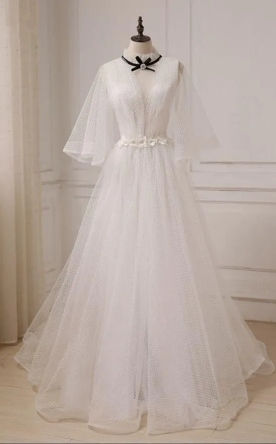 Fashionable White Tulle High Neckline Wedding Party Dress, Long Sleeves Puffy Prom Dresses