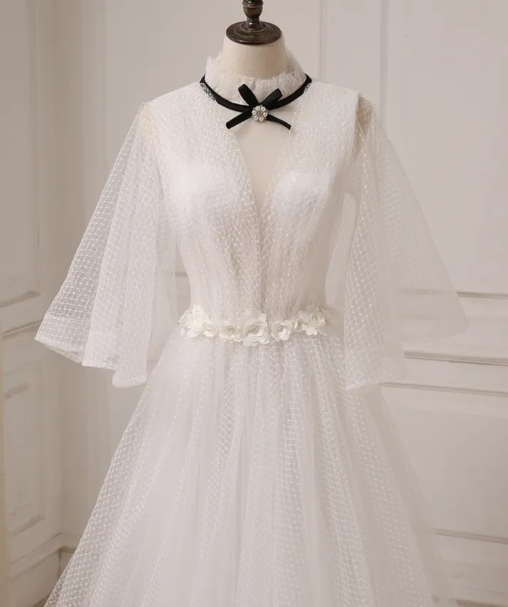 Fashionable White Tulle High Neckline Wedding Party Dress, Long Sleeves Puffy Prom Dresses
