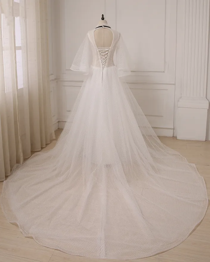 Fashionable White Tulle High Neckline Wedding Party Dress, Long Sleeves Puffy Prom Dresses