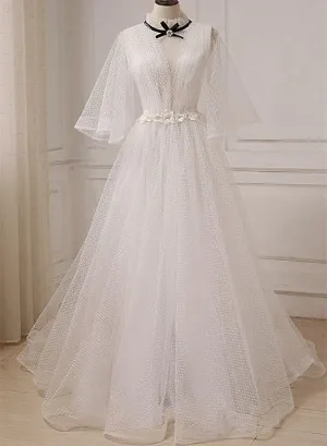 Fashionable White Tulle High Neckline Wedding Party Dress, Long Sleeves Puffy Prom Dresses