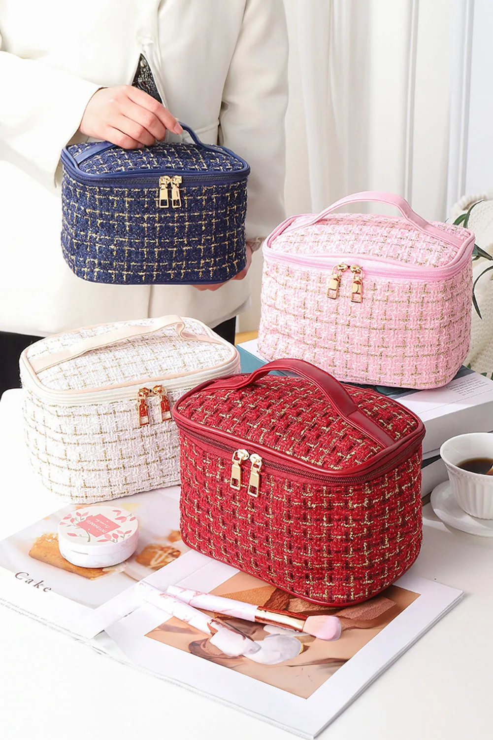 Fiery Red Plaid Zipper Large Cosmetic Bag with Handle