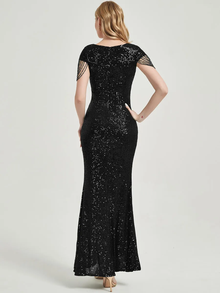 [Final Sale] Black Beading Sleeves Sequin Maxi Mermaid Formal Gown