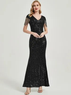 [Final Sale] Black Beading Sleeves Sequin Maxi Mermaid Formal Gown