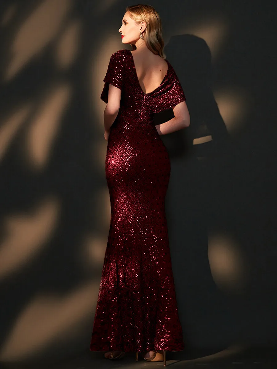 [Final Sale] Burgundy Batwing Sleeved Mermaid Formal Gown Reese