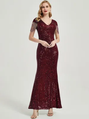 [Final Sale] Burgundy Beading Sleeves Sequin Maxi Mermaid Formal Gown