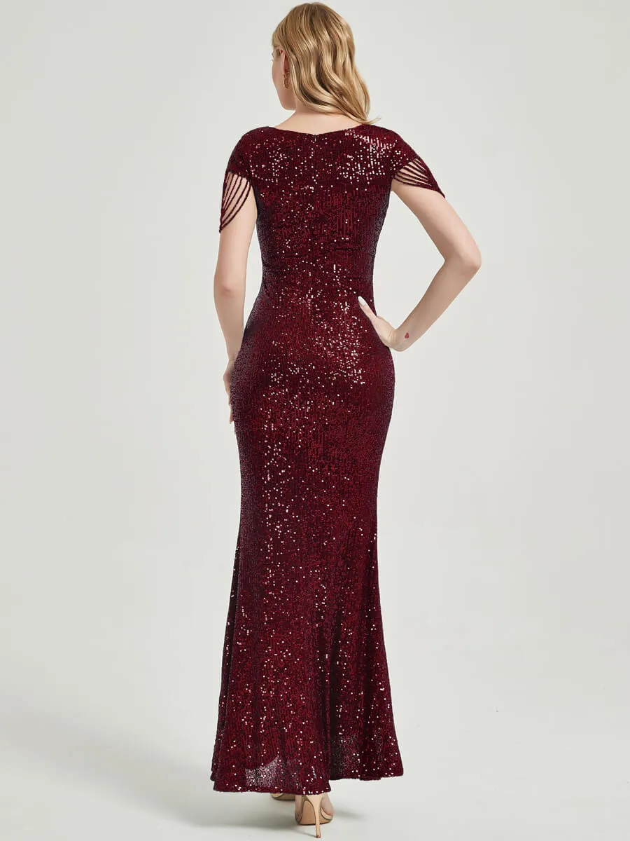 [Final Sale] Burgundy Beading Sleeves Sequin Maxi Mermaid Formal Gown