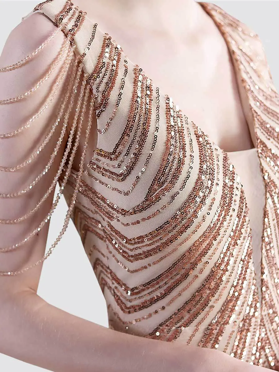 [Final Sale] Champagne Gold Beading Sleeves V-Neck Sequin Mermaid Gown